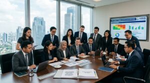 Pertemuan tim kepatuhan dan manajemen membahas evaluasi Sistem Manajemen Anti Penyuapan ISO 37001:2025