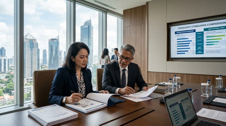 Dua pimpinan perusahaan dan auditor kepatuhan mengevaluasi perbedaan standar sertifikasi terakreditasi dan non-akreditasi di ruang pertemuan eksekutif
